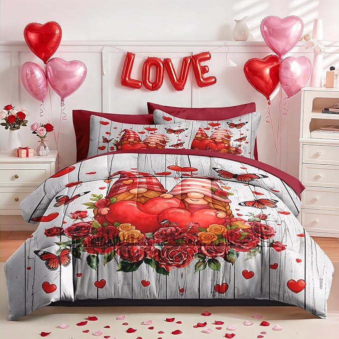Nesker 7 Pcs Valentine's Day Comforter Set Queen Size, Romantic Gnomes Heart Bedding Set for Kids and Adults, Sweet Rose Love Sheets Bed Sheet Sets with Fitted Sheet 2 Pillowcases & 2 Shams