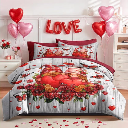 Nesker 7 Pcs Valentine's Day Comforter Set Queen Size, Romantic Gnomes Heart Bedding Set for Kids and Adults, Sweet Rose Love Sheets Bed Sheet Sets with Fitted Sheet 2 Pillowcases & 2 Shams
