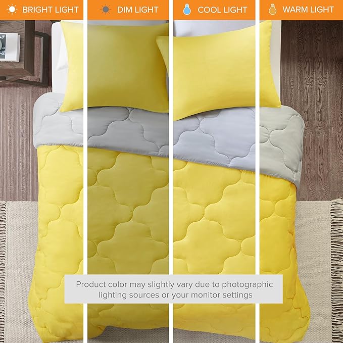 Comfort Spaces Vixie Reversible Comforter Set - Trendy Casual Geometric Quilted Cover, All Season Down Alternative Cozy Bedding, Matching Sham, Grey/Yellow, Full/Queen 3 piece