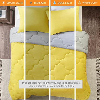Comfort Spaces Vixie Reversible Comforter Set - Trendy Casual Geometric Quilted Cover, All Season Down Alternative Cozy Bedding, Matching Sham, Grey/Yellow, Full/Queen 3 piece
