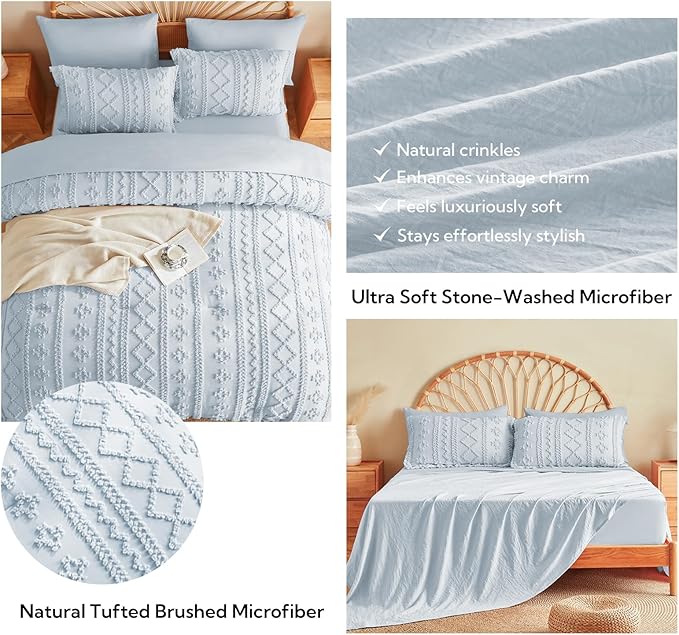 MR&HM Boho Comforter Set Full, Dusty Blue 7 Pieces Bedding Set, Farmhouse Shabby Chic Bed in a Bag with 1 Comforter, 2 Pillow Shams, 2 Pillowcases, 1 Flat Sheet, 1 Fitted Sheet for All Seasons