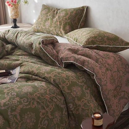 MKXI Floral Linen Comforter Set Full Army Green Vintage Paisley Comforter Bedding for Neutral Bedroom Rich Rust Jacquard Floral Bed Comforters for Men Women Cotton Yarn-Dyed Textured Soft Lightweight