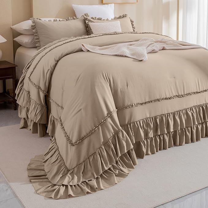 Masaca Ruffled Oversized King Comforter 128x120,3 Pieces Vintage Farmhouse Shabby Bedding Set Lightweight Ultra Soft French Country Light Taupe Bedding (1 Ruffle Comforter +2 Pillowcases)