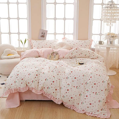 HighBuy Pink Strawberry Print Comforter Set Queen White Pink Ruffle Comforter Queen Kids Girls Princess Bedding Comforter Sets 1 Soft Romantic Ruffle Comforter with 2 Lace Pillowcases