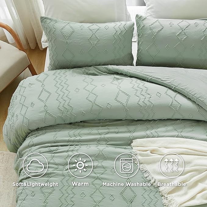 Andency Sage Green Tufted Comforter Set Queen(90x90Inch), 3 Pieces(1 Tufts Comforter, 2 Pillowcases) Boho Textured Farmhouse Bed, Microfiber Down Alternative Geometric Bedding Set