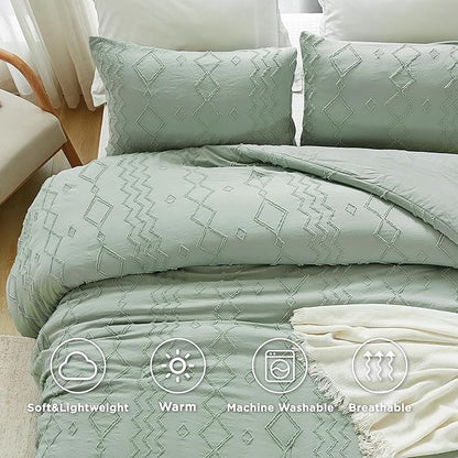 Andency Sage Green Tufted Comforter Set Queen(90x90Inch), 3 Pieces(1 Tufts Comforter, 2 Pillowcases) Boho Textured Farmhouse Bed, Microfiber Down Alternative Geometric Bedding Set