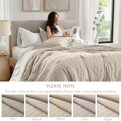 Madison Park Essentials Striped Comforter Set Queen, 7 Pieces Modern Minimalist Jacquard Bedding Set for All Season, Bed in A Bag with Sheet Set and Soft Brushed Reverse, Lightweight Neutral