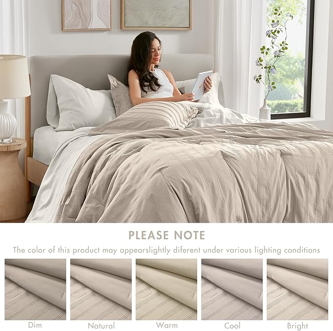 Madison Park Essentials Striped Comforter Set Twin XL, 5 Pieces Modern Minimalist Jacquard Bedding Set for All Season, Bed in A Bag with Sheet Set and Soft Brushed Reverse, Lightweight Neutral