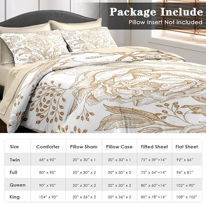 Comforter Set Full Size, Rose Gold Floral Vintage 7 Pcs Bedding for Kids and Adults, Flower Leaves Retro Bed Sheet Sets with Fitted Sheet 2 Pillowcases & 2 Shams for Bedroom Bed Decor