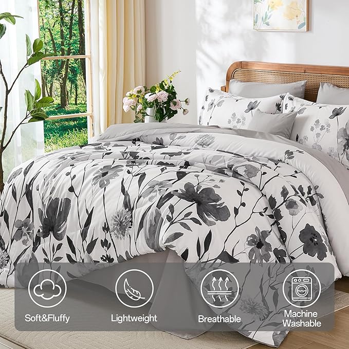 Anibedding 8Pieces Queen Comforter Set, Grey Watercolor Floral Queen Size Bed in a Bag Comforter Set with Pillowcase, Sheets for All Season