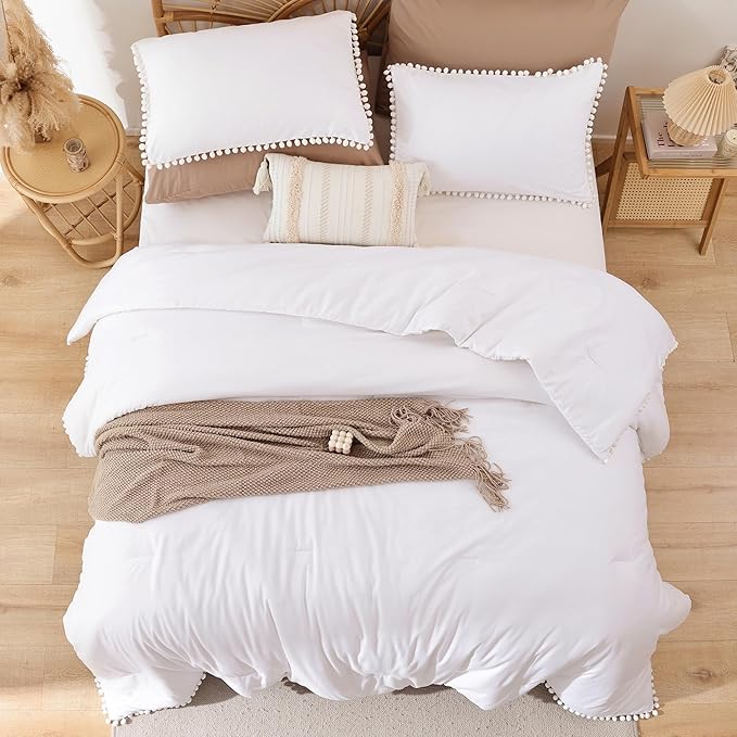 YIRDDEO King Size Comforter Set - King Size Comforter with Ball Pom Fringe, Soft King Bedding Set for All Seasons - 3 Pieces, 1 Comforter (104"x90"inches) & 2 Pillow Shams(20"x36"), White