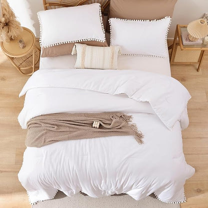 YIRDDEO Twin Comforter Set - Comforter Twin Size Bed with Ball Pom Fringe, Soft Bedding Set for All Seasons - 2 Pieces, 1 Comforter (66"x90") & 1 Pillow Sham(20"x26"), White