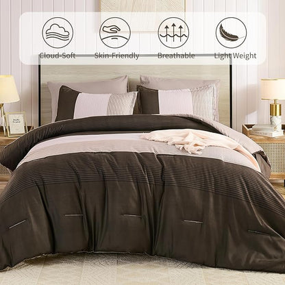 Anibedding King Size Comforter Set 7 Pieces, Chocolate Brown Bedding Set Patchwork Striped Bed in a Bag, Soft Microfiber Comforter Set with Sheets for All Season