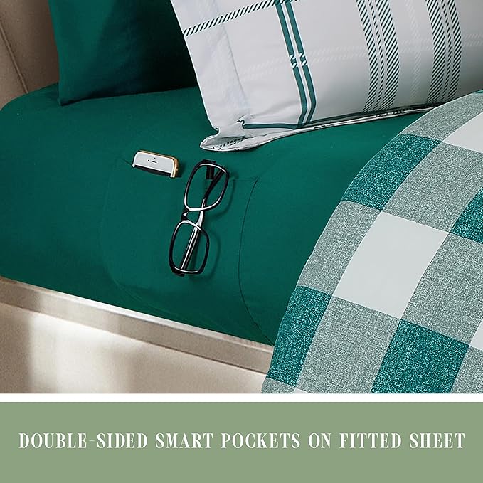 Elegant Comfort 8-Piece Lodge Plaid Reversible Comforter Set - All Season Bed in a Bag, 4-Piece Sheet Set Featuring Smart Pockets, Matching Shams and Decorative Pillow, Twin/Twin XL, Sage