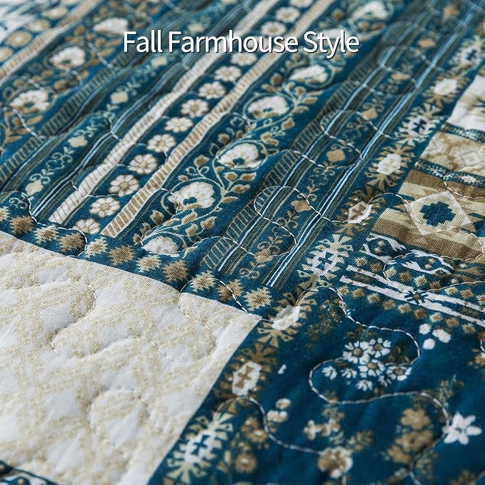 BEDIFANY Cotton King Size Quilt Set, Lightweight Bedspread King Size Coverlet Boho King Quilt, Soft Farmhouse King Quilt Bedding Sets for Bed Decorations for All Seasons (3 Pieces, Blue)