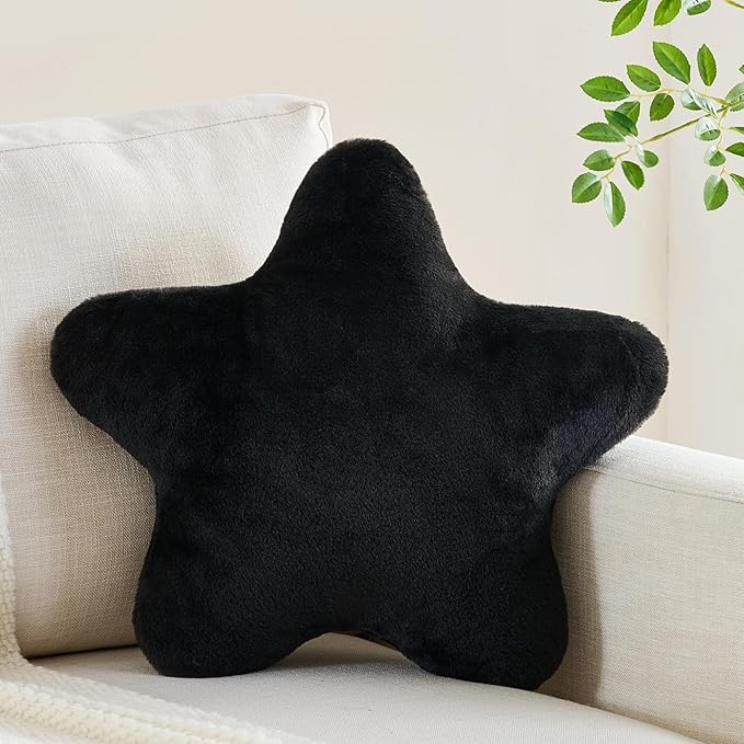 Star Pillow 15.7" Black Star Shaped Decorative Throw Pillow for Couch Bed Aesthetic Plush Floor Seating Cushions with Soft Faux Rabbit Fur for Sofa Bedroom Living Room