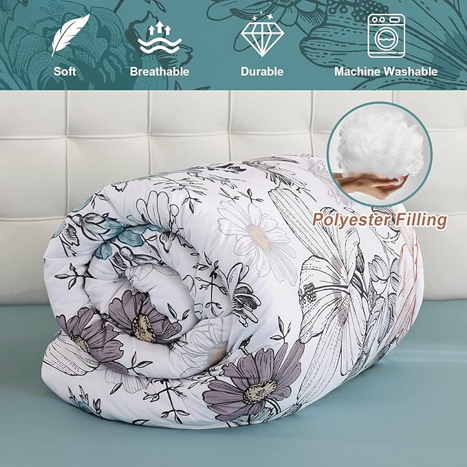 Luxudecor Queen Comforter Set 7 Pieces Bedding Sets,Teal Blue Floral Comforter and Sheet Set,Soft Microfiber Bed in a Bag for All Seasons (Teal Blue,90"x90")