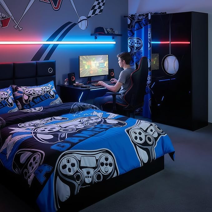 Erosebridal Twin Comforter Set for Boys Girls Kids, Gamer Comforter Set for Boys Teens, Gaming Console Bedding Decor Blue Black 2Pcs