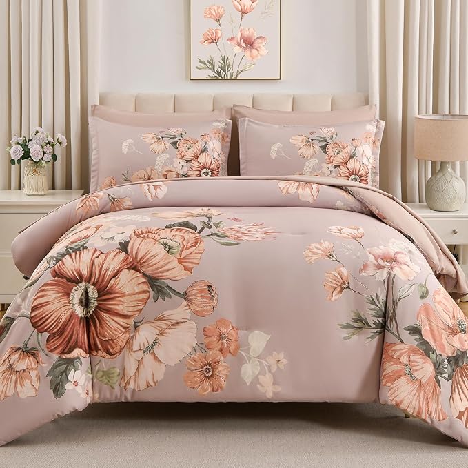 King Size Comforter Set - 7 Pieces Floral Comforter and Sheet Set, Khaki King Size Bed in a Bag, Soft Microfiber Flower Complete Bedding Set for All Seasons（Khaki,104"x90"）