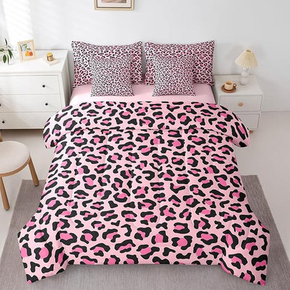 Pink Leopard Print Comforter Set 7 Pieces,Wild Animal Skin Luxury Bed Set,African Cheetah Wildlife Fur Bedding Set for Kids,Queen(1 Comforter,2 Pillowcase,2 Pillow Covers,1 Flat Sheet,1 Fitted Sheet)