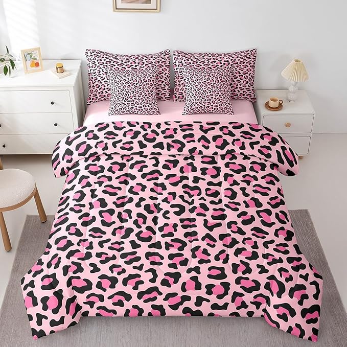 Pink Leopard Print Bedding Set 7 Pieces King,Wild Animal Skin Luxury Comforter Sets for Girl Boy Bedroom,African Cheetah Wildlife Fur 7pcs Bed in a Bag with Comforter,Sheets and Pillow Cases