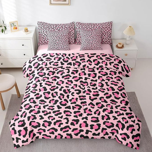Pink Leopard Print Bedding Set 7 Pieces King,Wild Animal Skin Luxury Comforter Sets for Girl Boy Bedroom,African Cheetah Wildlife Fur 7pcs Bed in a Bag with Comforter,Sheets and Pillow Cases