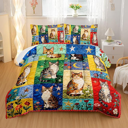 Cartoon Cat Comforter Set King Size 3PCS,Cat Puzzle Bedding Set for Teen Adult,Floral Cat Animal Themed Room Decor Ultra-Soft Lightweight Microfiber with 2 Pillowcases