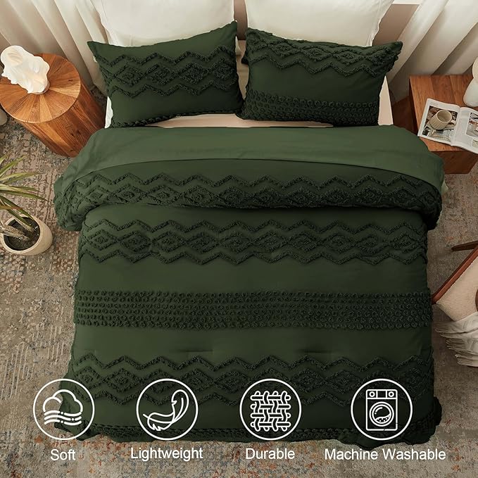Luxudecor Olive Green Boho Tufted Comforter Set Queen Size 3 Pieces Boho Shabby Chic Comforter Farmhouse Embroidery Bedding Set Soft Comforter for All Seasons (Olive Green, 90''x90'')