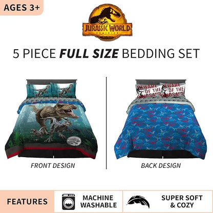 Franco Kids Bedding Super Soft Comforter and Sheet Set, 5 Piece Full Size, Jurassic World Dominion