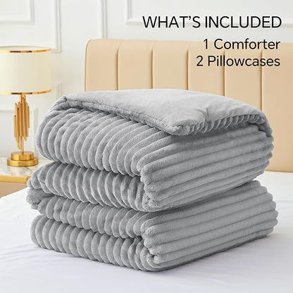 BEDELITE Fleece California King Comforter Set -Super Soft & Warm Fluffy Light Grey Bedding, Luxury Fuzzy Heavy Bed Set for Winter with 2 Pillow Cases