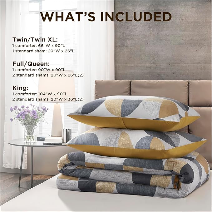 Stylish Three-Tone Printed Twin Size Comforter Set, 2 Pieces Ultra-Soft Microfiber Bedding Set, Warm and Cozy Comforter for All Seasons, Mustard Yellow & Grey