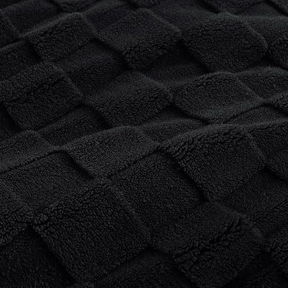 Litanika Fluffy Twin Size Comforter Set Black, 3 Pieces Warm Sherpa Fleece Winter Bedding Set, Jacquard Checkered Plush Fuzzy Bed Set(1 Comforter, 2 Pillowcases)