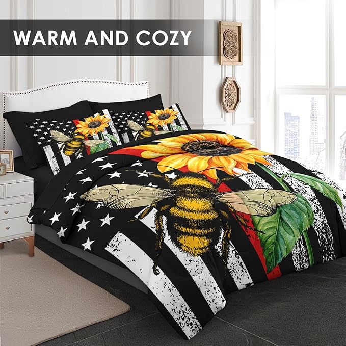 Comforter Set Full Size, Honey Bee Vintage 7 Pcs Bedding for Kids and Adults, Sunflower Flower Sun Bed Sheet Sets with Fitted Sheet 2 Pillowcases & 2 Shams for Bedroom Bed Decor