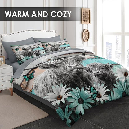Comforter Set King Size, Highland Cow Bull 7 Pcs Bedding for Kids and Adults, Flower Daisy Retro Bed Sheet Sets with Fitted Sheet 2 Pillowcases & 2 Shams for Bedroom Bed Decor