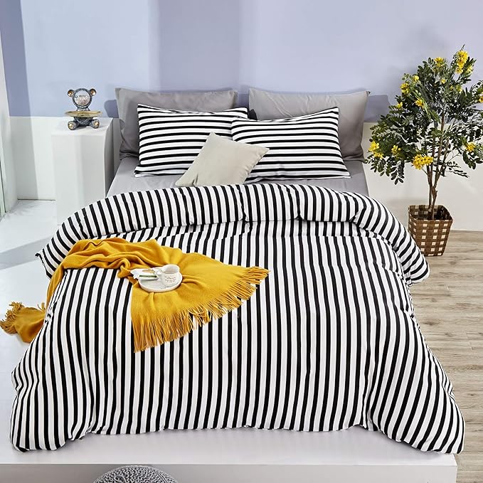 CLOTHKNOW Striped Twin/Twin XL Comforter Set Black and White Bedding Comforter Sets Farmhouse Comforter Soft Ticking Bedding