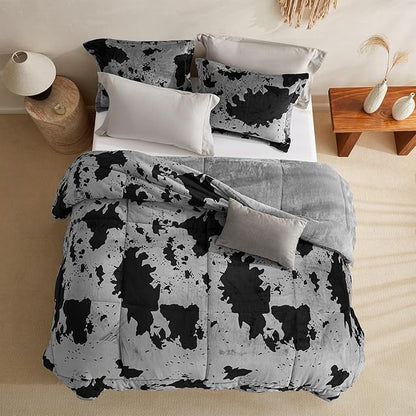 Petrichor Velvet Flannel King Comforter Set-Cow Print Western Style Blanket,Luxury Fuzzy Heavy Bedding Set, 3 Pieces Plush Winter Bed Set with Comforter (90"x104") & 2 Pillow Shams (20"x36"