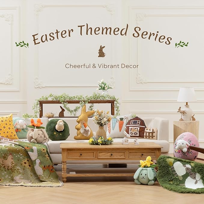Phantoscope Happy Easter Egg Shaped Throw Pillow with Bunny, Teddy Fleece Soft Egg Pillow with Floral Embroidered Decorative Pillows for Couch Sofa Bed Chair, Favors Gifts, Pink, 14.5 x 12.5 Inches