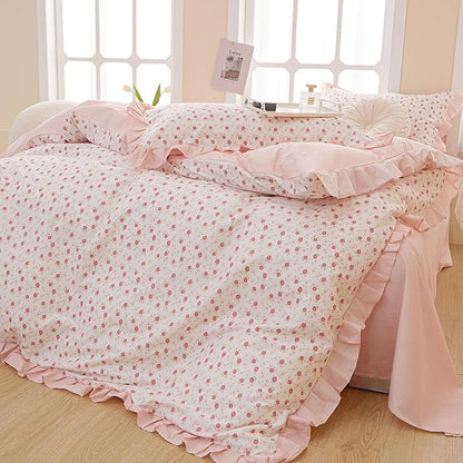 HighBuy Pink Floral Comforter Set Twin XL Ruffled Lace Bedding Comforter Sets for Teen Girls Coquette Cottagecore Fluffy Comforter Set Cute Botanical Bed Comforter Sets