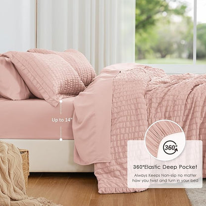 Love's cabin Seersucker Pink King Size Comforter Set, 7-Piece All Season Lightweight Bed in a Bag Bedding Set with Comforter, Flat Sheet, Fitted Sheet, Pillowcases and Shams | Soft, Breathable, Lightweight