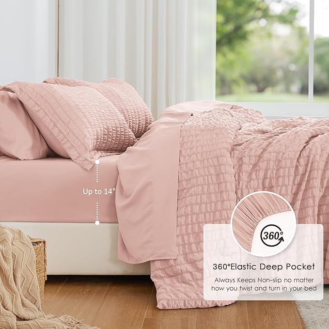 Love's cabin Seersucker Pink Twin XL Comforter Set, 5-Piece All Season Lightweight Bed in a Bag Bedding Set with Comforter, Flat Sheet, Fitted Sheet, Pillowcase and Sham | Soft, Breathable, Lightweight
