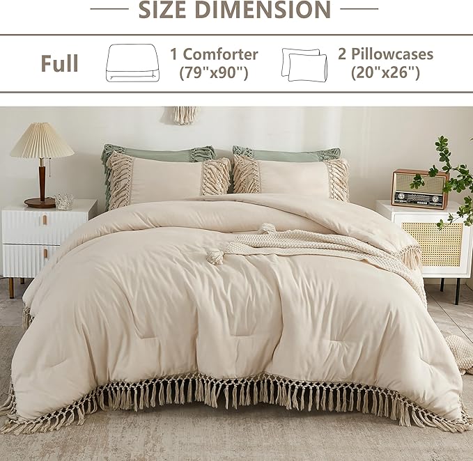 Andency Full Size Comforter Sets Beige, 3 Pieces Boho Bed Comforter Full, Lightweight Tassel Bedding Comforter Set, All Season Bed Set (79x90In Comforter & 2 Pillowcases)
