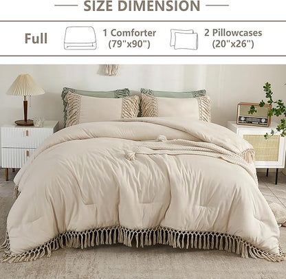 Andency Full Size Comforter Sets Beige, 3 Pieces Boho Bed Comforter Full, Lightweight Tassel Bedding Comforter Set, All Season Bed Set (79x90In Comforter & 2 Pillowcases)