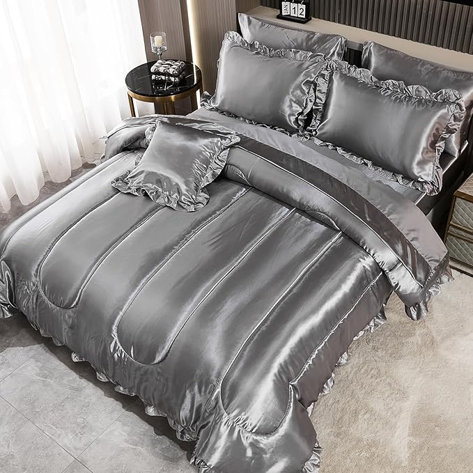 Satin Comforter Set with Sheet Set King 8 Pieces Silk Like Grey Bedding Silky Ruffle Pattern Luxury Silky Comforter Set with 1 Cushion Cover