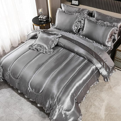 Satin Comforter Set with Sheet Set King 8 Pieces Silk Like Grey Bedding Silky Ruffle Pattern Luxury Silky Comforter Set with 1 Cushion Cover