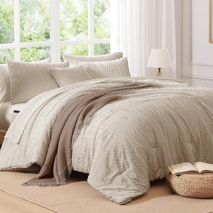 King Size Comforter Set Beige, Tufted Boho Bedding Farmhouse Bed Set, All Season 7 Pieces Bed in a Bag with Sheets, Pillowcases & Shams