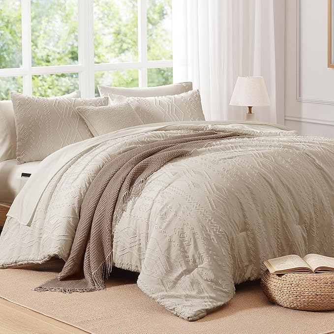 Queen Comforter Set Beige, Tufted Boho Bedding Farmhouse Bed Set, All Season 7 Pieces Bed in a Bag with Sheets, Pillowcases & Shams