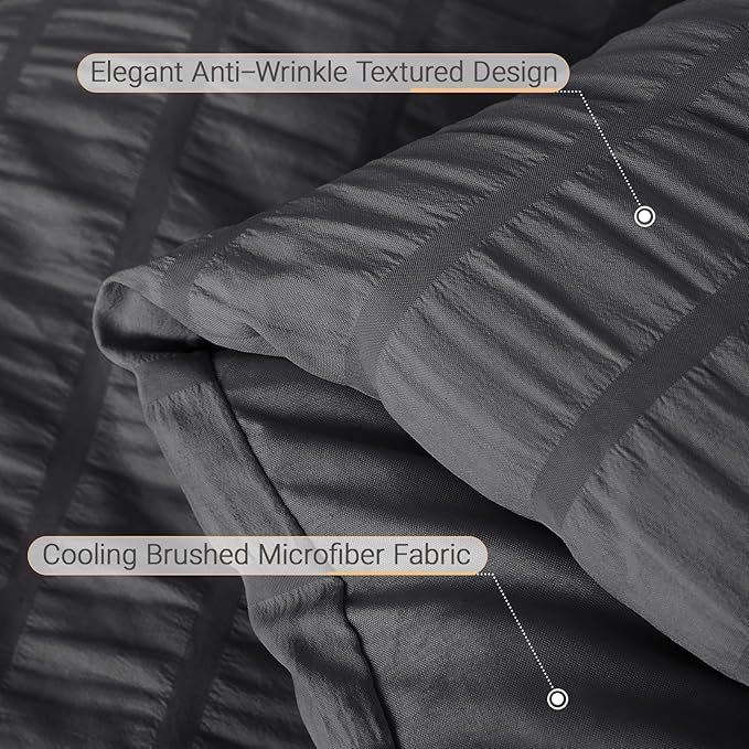 MUXHOMO 7 Pieces King Comforter Set, Seersucker Bed in a Bag King Size, All Season Luxury Bedding Set with Comforter, Flat Sheet, Fitted Sheet, Pillowcases & Shams, Dark Grey