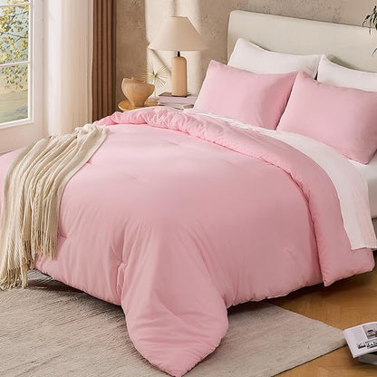 Andency Pink Twin Size Comforter Set, 2 Pieces Boho Solid Modern Bedding Comforters & Sets, All Season Soft Lightweight Fluffy Bed Set for Kids, Girls, Dorm (66x90Inch Comforter & 1 Pillowcase)