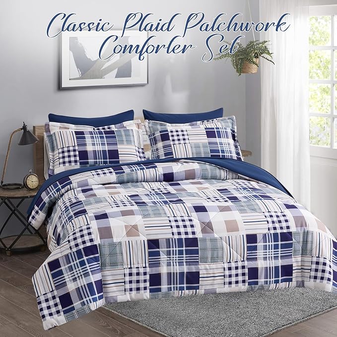 Comforter Set Queen Size Plaid Patchwork Comforter Bedding-7 Piece Bed in a Bag,Soft Fluffy Reversible Microfiber Bedding Set(1 Comforter,1 Flat Sheet,1 Fitted Sheet,2 Pillowcases,2 Pillow Shams),Navy