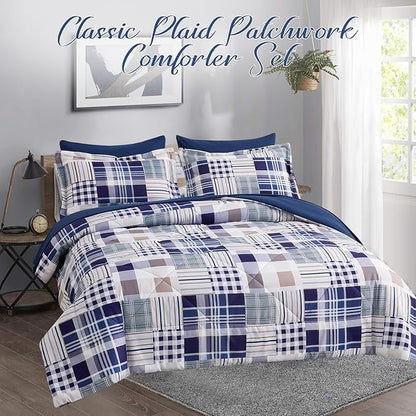 Comforter Set Queen Size Plaid Patchwork Comforter Bedding-7 Piece Bed in a Bag,Soft Fluffy Reversible Microfiber Bedding Set(1 Comforter,1 Flat Sheet,1 Fitted Sheet,2 Pillowcases,2 Pillow Shams),Navy